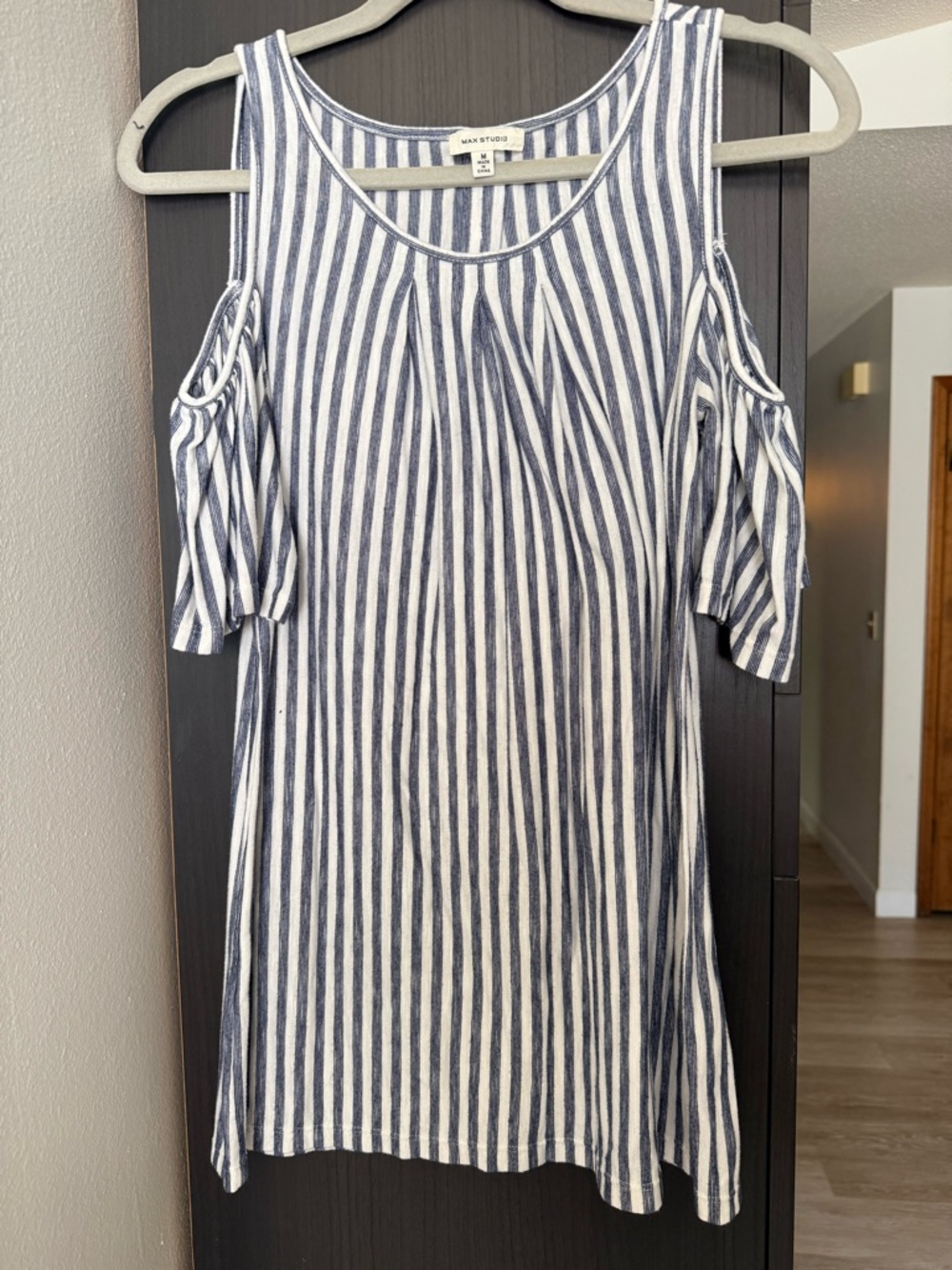 Max Studio Navy and White Striped Blouse with Shoulder Cutouts